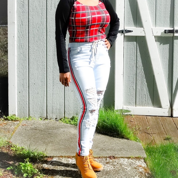 Stripes Drawstrings stretchy Jeans - Picture 3 of 8